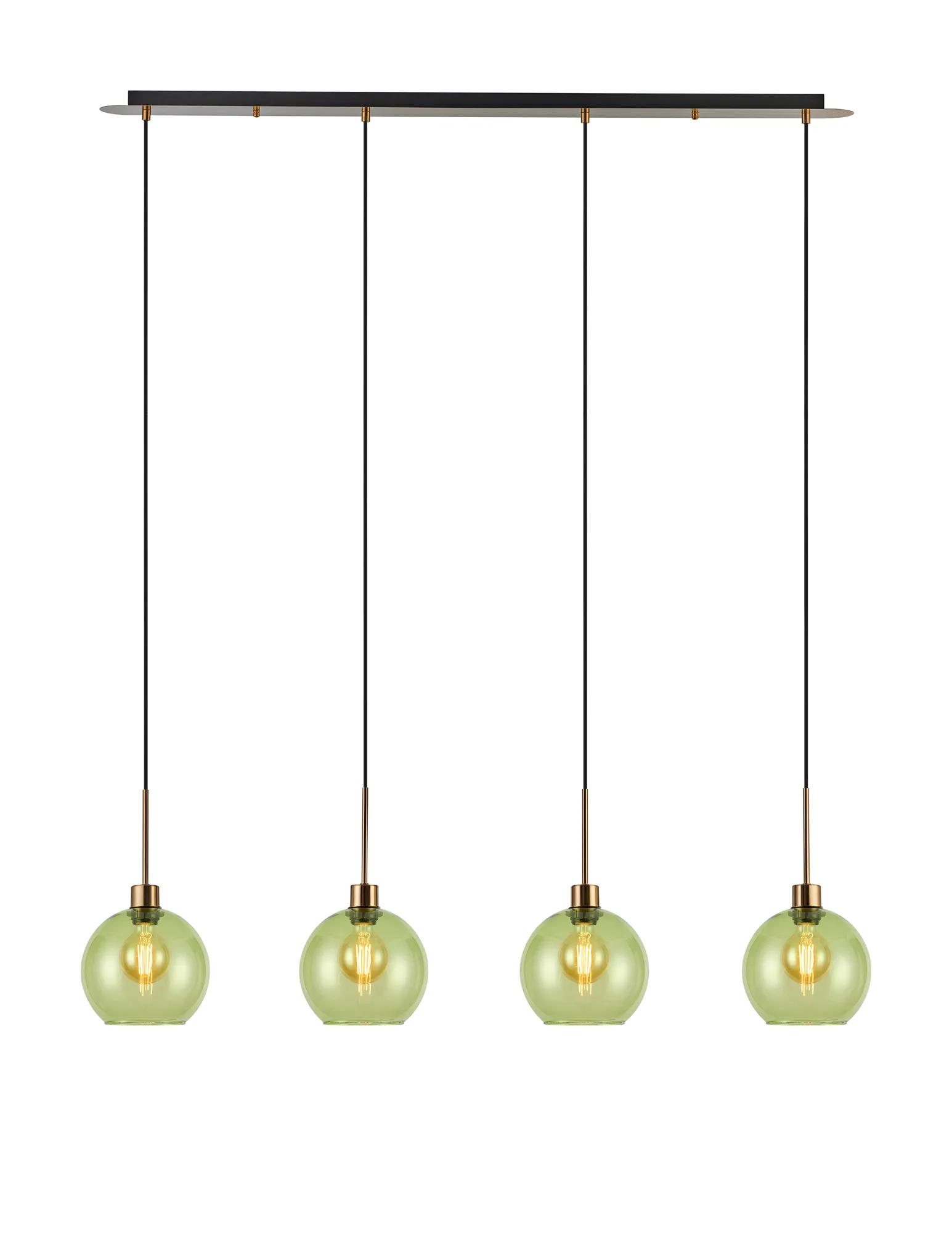 DK1225  Lori Linear Pendant, 4 Light Adjustable E27, Antique Gold/Green Open Mouth Round Globe Shades